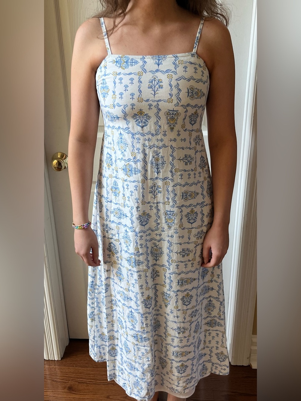 Sleeveless White and Light Blue Floral Midi Dress